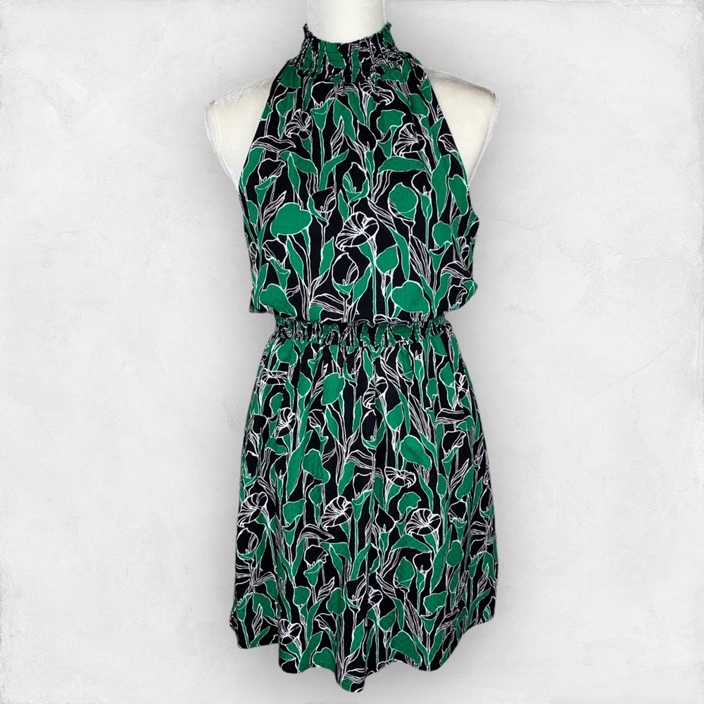 A New Day floral sleeveless mini dress XS black green lilies high neck sundress